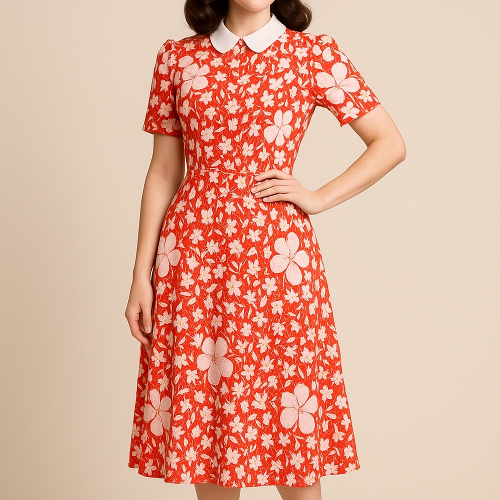 Vintage Albert Nipon Rare Red White Floral Dress Size 6 Pockets